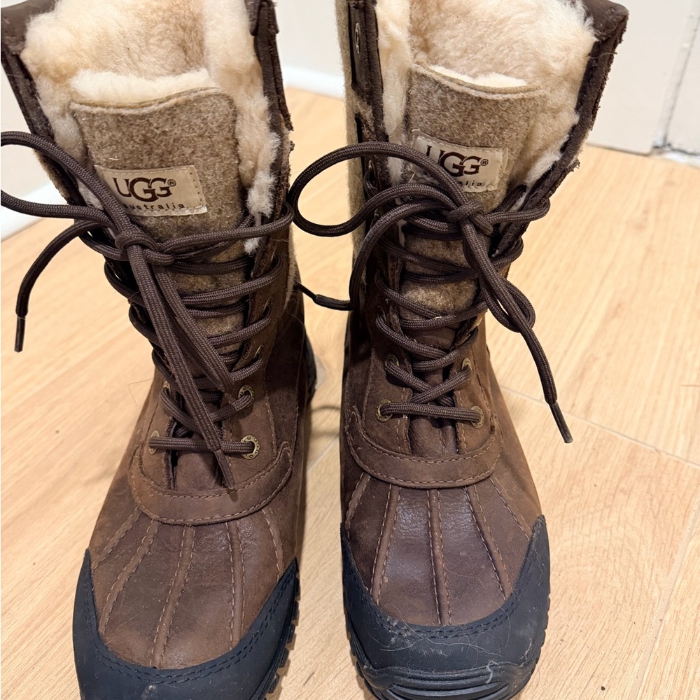 UGG Brown Leather and Black Rubber Lace-Up Shearling Boots